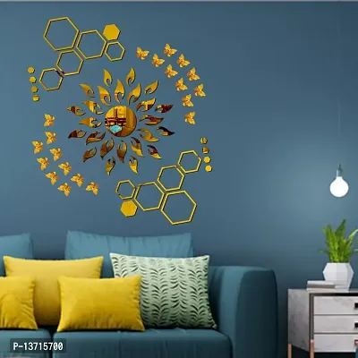 Look Decor Sun Flame 20 Hexagon Shape With 20 Butterfly Golden Acrylic Mirror Wall Sticker|Mirror For Wall|Mirror Stickers For Wall|Wall Mirror|Flexible Mirror|3D Mirror Wall Stickers|Wall Sticker Cp-193-thumb0