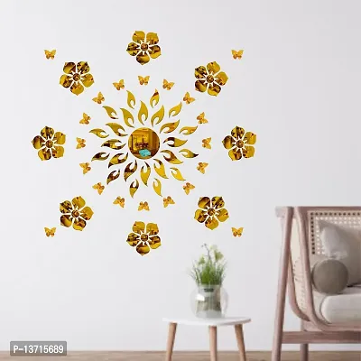 Look Decor Sun Flame 8 Flower With 20 Butterfly Golden Acrylic Mirror Wall Sticker|Mirror For Wall|Mirror Stickers For Wall|Wall Mirror|Flexible Mirror|3D Mirror Wall Stickers|Wall Sticker Cp-182