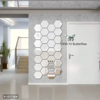 Look Decor 28 Hexagon With 10 Butterfly Silver Acrylic Mirror Wall Sticker|Mirror For Wall|Mirror Stickers For Wall|Wall Mirror|Flexible Mirror|3D Mirror Wall Stickers|Wall Sticker Cp-441