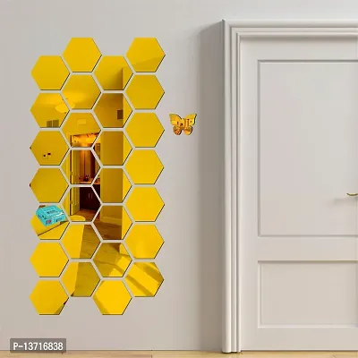 Look Decor 28 Hexagon With 10 Butterfly Golden Acrylic Mirror Wall Sticker|Mirror For Wall|Mirror Stickers For Wall|Wall Mirror|Flexible Mirror|3D Mirror Wall Stickers|Wall Sticker Cp-255