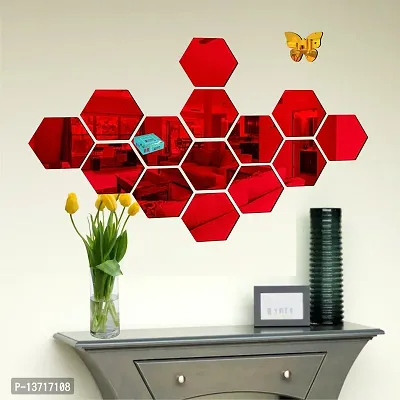 Look Decor 14 Hexagon Red 10 Butterfly Acrylic Mirror Wall Sticker|Mirror For Wall|Mirror Stickers For Wall|Wall Mirror|Flexible Mirror|3D Mirror Wall Stickers|Wall Sticker Cp-508-thumb0