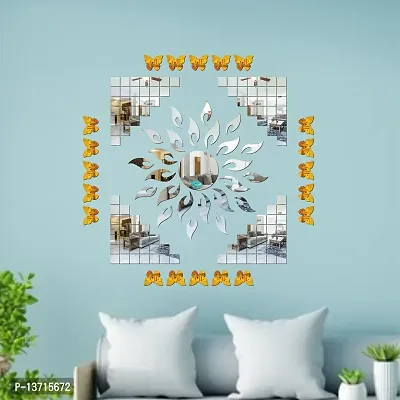 Look Decor Sun Flame And 100 Square Silver With 20 Butterfly Golden Acrylic Mirror Wall Sticker|Mirror For Wall|Mirror Stickers For Wall|Wall Mirror|Flexible Mirror|3D Mirror Wall Stickers|Wall Sticker Cp-168