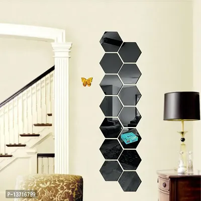 Look Decor 14 Hexagon Black With 10 Butterfly Golden Acrylic Mirror Wall Sticker|Mirror For Wall|Mirror Stickers For Wall|Wall Mirror|Flexible Mirror|3D Mirror Wall Stickers|Wall Sticker Cp-229