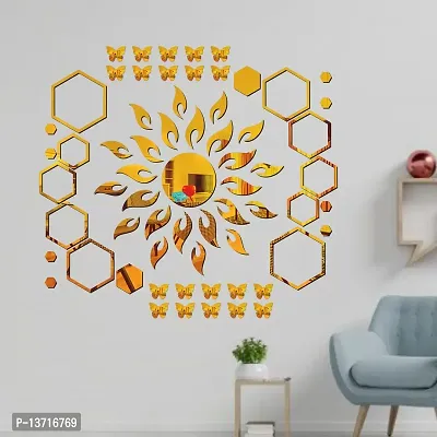 Look Decor Sun Flame 20 Hexagon Shape With 20 Butterfly Golden Acrylic Mirror Wall Sticker|Mirror For Wall|Mirror Stickers For Wall|Wall Mirror|Flexible Mirror|3D Mirror Wall Stickers|Wall Sticker Cp-203-thumb0