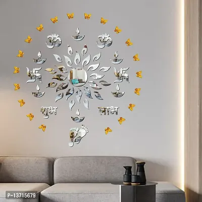 Look Decor Sun Flame 14 Om Swastik Silver With 20 Butterfly Golden Acrylic Mirror Wall Sticker|Mirror For Wall|Mirror Stickers For Wall|Wall Mirror|Flexible Mirror|3D Mirror Wall Stickers|Wall Sticker Cp-175-thumb0