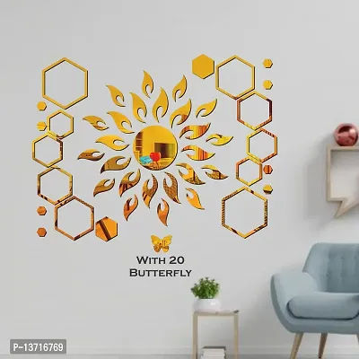 Look Decor Sun Flame 20 Hexagon Shape With 20 Butterfly Golden Acrylic Mirror Wall Sticker|Mirror For Wall|Mirror Stickers For Wall|Wall Mirror|Flexible Mirror|3D Mirror Wall Stickers|Wall Sticker Cp-203-thumb3