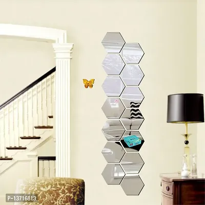 Look Decor 14 Hexagon Silver With 10 Butterfly Golden Acrylic Mirror Wall Sticker|Mirror For Wall|Mirror Stickers For Wall|Wall Mirror|Flexible Mirror|3D Mirror Wall Stickers|Wall Sticker Cp-233