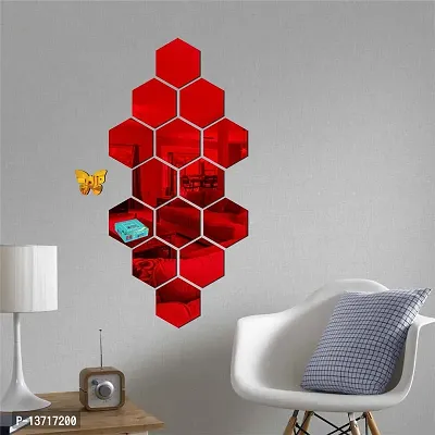 Look Decor 14 Hexagon Red-Cp63 Acrylic Mirror Wall Sticker|Mirror For Wall|Mirror Stickers For Wall|Wall Mirror|Flexible Mirror|3D Mirror Wall Stickers|Wall Sticker Cp-589