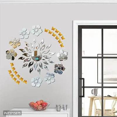 Look Decor Sun Flame 8 Flower Silver With 20 Butterfly Golden Acrylic Mirror Wall Sticker|Mirror For Wall|Mirror Stickers For Wall|Wall Mirror|Flexible Mirror|3D Mirror Wall Stickers|Wall Sticker Cp-171