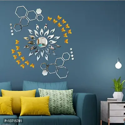 Look Decor Sun Flame 20 Hexagon Shape Silver With 20 Butterfly Golden Acrylic Mirror Wall Sticker|Mirror For Wall|Mirror Stickers For Wall|Wall Mirror|Flexible Mirror|3D Mirror Wall Stickers|Wall Sticker Cp-194