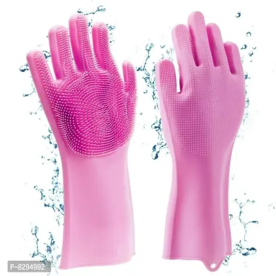 Pink colour Silicone Gloves with Wash Scrubber, Reusable Brush Heat Resistant Gloves Kitchen Tool for Washing Dish, Car, Pet Hair Care-thumb0