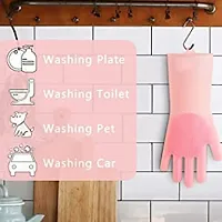 Pink colour Silicone Gloves with Wash Scrubber, Reusable Brush Heat Resistant Gloves Kitchen Tool for Washing Dish, Car, Pet Hair Care-thumb2