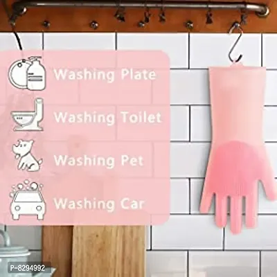 Pink colour Silicone Gloves with Wash Scrubber, Reusable Brush Heat Resistant Gloves Kitchen Tool for Washing Dish, Car, Pet Hair Care-thumb3