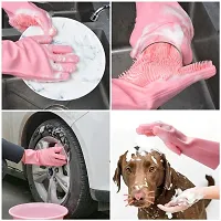 Pink colour Silicone Gloves with Wash Scrubber, Reusable Brush Heat Resistant Gloves Kitchen Tool for Washing Dish, Car, Pet Hair Care-thumb1