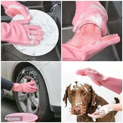 Pink colour Silicone Gloves with Wash Scrubber, Reusable Brush Heat Resistant Gloves Kitchen Tool for Washing Dish, Car, Pet Hair Care-thumb2