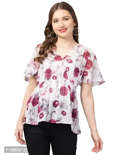 CULPI Women's V-Neck Floral Printed Flared Sleeve Tops Stylish Tops with Unique Design 1/5 Sleeve Top wear for Women's/Girls