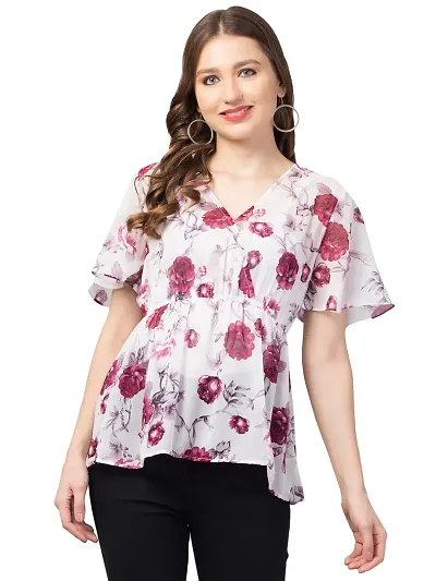 CULPI Women's V-Neck Floral Printed Flared Sleeve Tops Stylish Tops with Unique Design 1/5 Sleeve Top wear for Women's/Girls