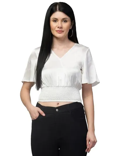 CULPI Women's V-Neck Short Sleeve Crop Top