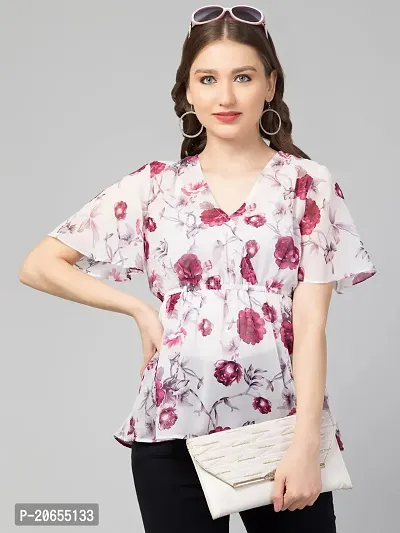 CULPI Women's V-Neck Floral Printed Flared Sleeve Tops Stylish Tops with Unique Design 1/5 Sleeve Top wear for Women's/Girls-thumb2