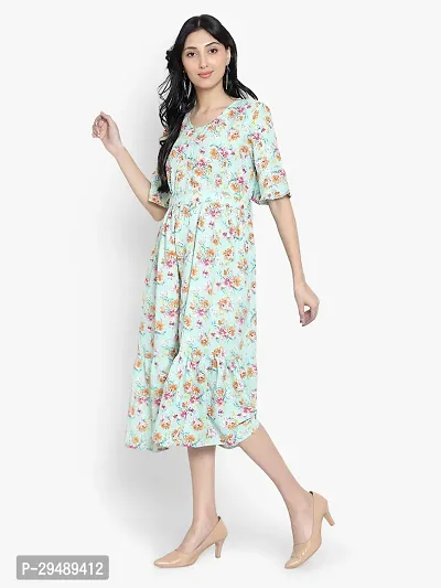 Stylish Green Cotton Blend Floral Printed A-Line Dress For Women-thumb2