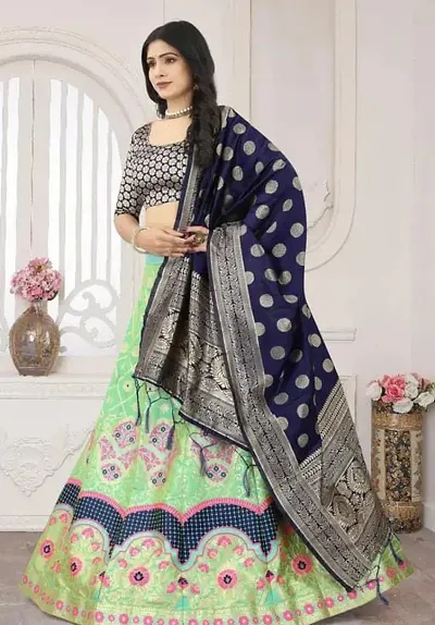 Stylish Art Silk Woven Semi Stitched Lehenga Choli Dupatta Set