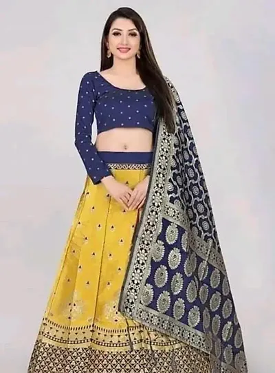 Stylish Yellow Art Silk Woven Design Lehenga Choli Set For Women