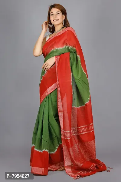 Linen Blend Tie & Dye Multicolor Saree with Blouse Pcs (Green_Red, Linen)-thumb4