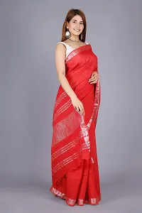 Linen Blend Solid Zari Border Sari with Blouse (Tomato Red, Linen)-thumb1