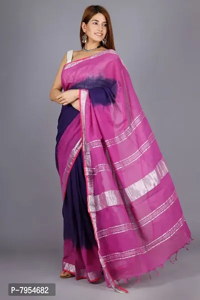 Linen Blend Tie & Dye Multicolor Saree with Blouse Pcs (Blue_Purple, Linen)-thumb3