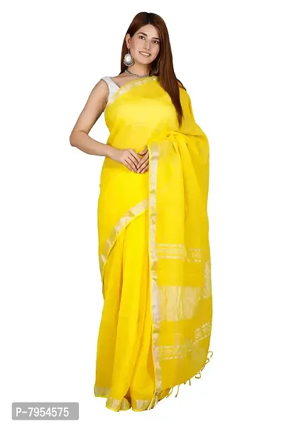 Linen Blend Solid Zari Border Sari with Blouse (Yellow, Linen)