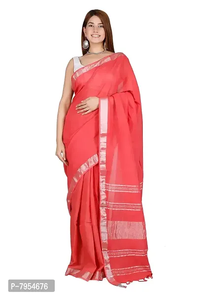 Linen Blend Solid Zari Border Sari with Blouse (Gajari, Linen)