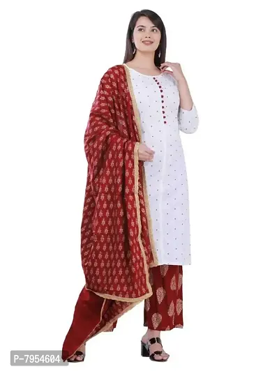 Women's Rayon Kurti  Palazzo with Dupatta Set (MC-POLKA-M_White_Medium)-thumb5