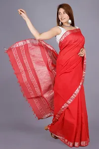 Linen Blend Solid Zari Border Sari with Blouse (Red, Linen)-thumb2