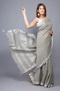 Linen Blend Solid Zari Border Sari with Blouse (Grey, Linen)-thumb2