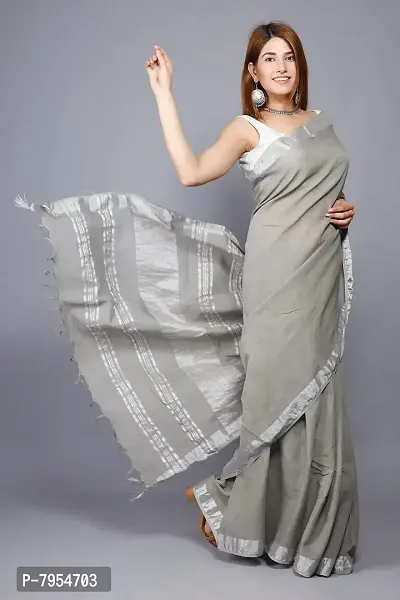 Linen Blend Solid Zari Border Sari with Blouse (Grey, Linen)-thumb3