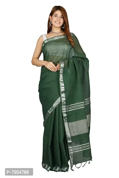 Linen Blend Solid Zari Border Sari with Blouse (Green, Linen)