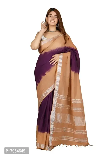 Linen Blend Tie & Dye Multicolor Saree with Blouse Pcs (Purple_Beige, Linen)