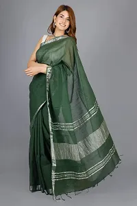 Linen Blend Solid Zari Border Sari with Blouse (Green, Linen)-thumb1