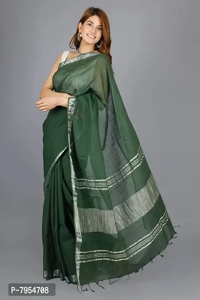 Linen Blend Solid Zari Border Sari with Blouse (Green, Linen)-thumb2