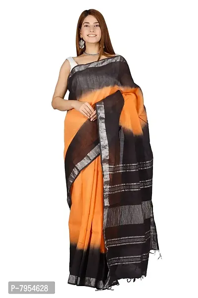 Linen Blend Tie & Dye Multicolor Saree with Blouse Pcs (Orange_Black, Linen)