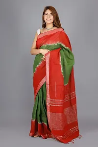 Linen Blend Tie & Dye Multicolor Saree with Blouse Pcs (Green_Red, Linen)-thumb1