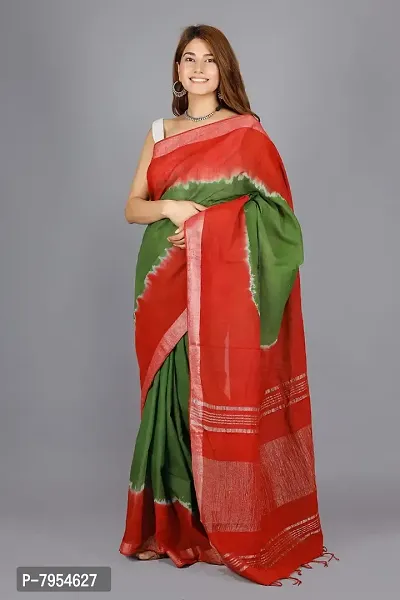 Linen Blend Tie & Dye Multicolor Saree with Blouse Pcs (Green_Red, Linen)-thumb2