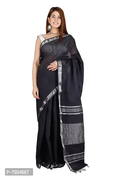 Linen Blend Solid Zari Border Sari with Blouse (Black, Linen)