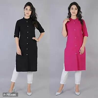 Women Kurta Cotton Straight Kurti Combo Set for Women and Girls Round Neck (Color-Black Pink, Size, M Pack of 2)-thumb4