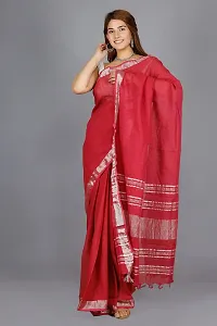 Linen Blend Solid Zari Border Sari with Blouse (Maroon, Linen)-thumb2