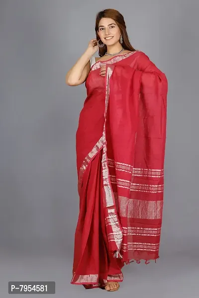 Linen Blend Solid Zari Border Sari with Blouse (Maroon, Linen)-thumb3