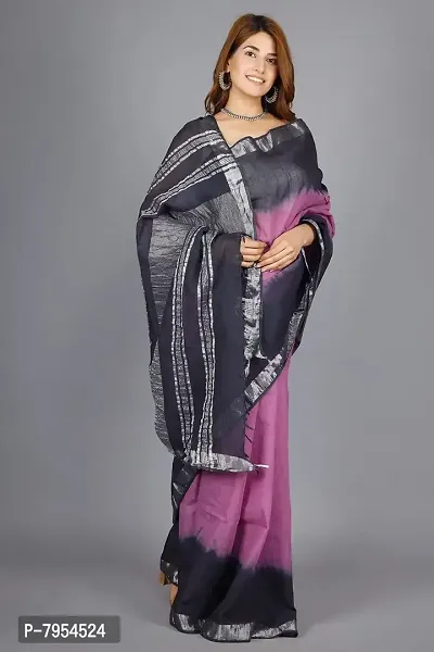 Linen Blend Tie & Dye Multicolor Saree with Blouse Pcs (Purple_NavyBlue, Linen)-thumb3