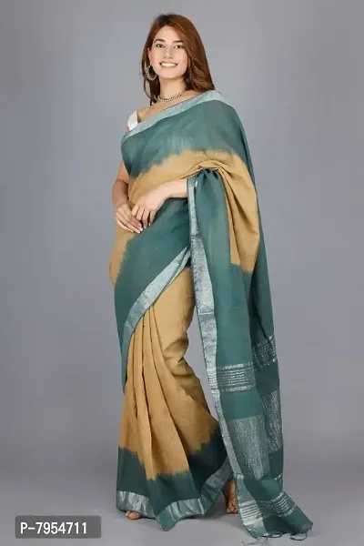 Linen Blend Tie & Dye Multicolor Saree with Blouse Pcs (Beige_LightGreen, Linen)-thumb2