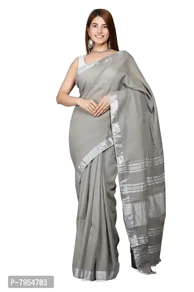 Linen Blend Solid Zari Border Sari with Blouse (Grey, Linen)