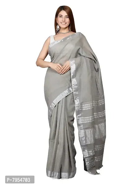 Linen Blend Solid Zari Border Sari with Blouse (Grey, Linen)-thumb0